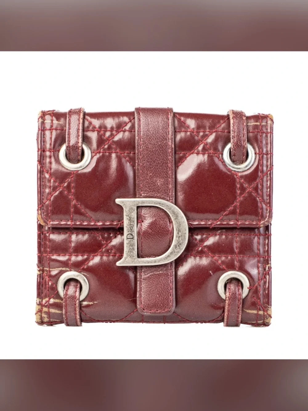 Dior Quilted Patent Leather Trifold Wallet in Burgundy with Silver 'D'